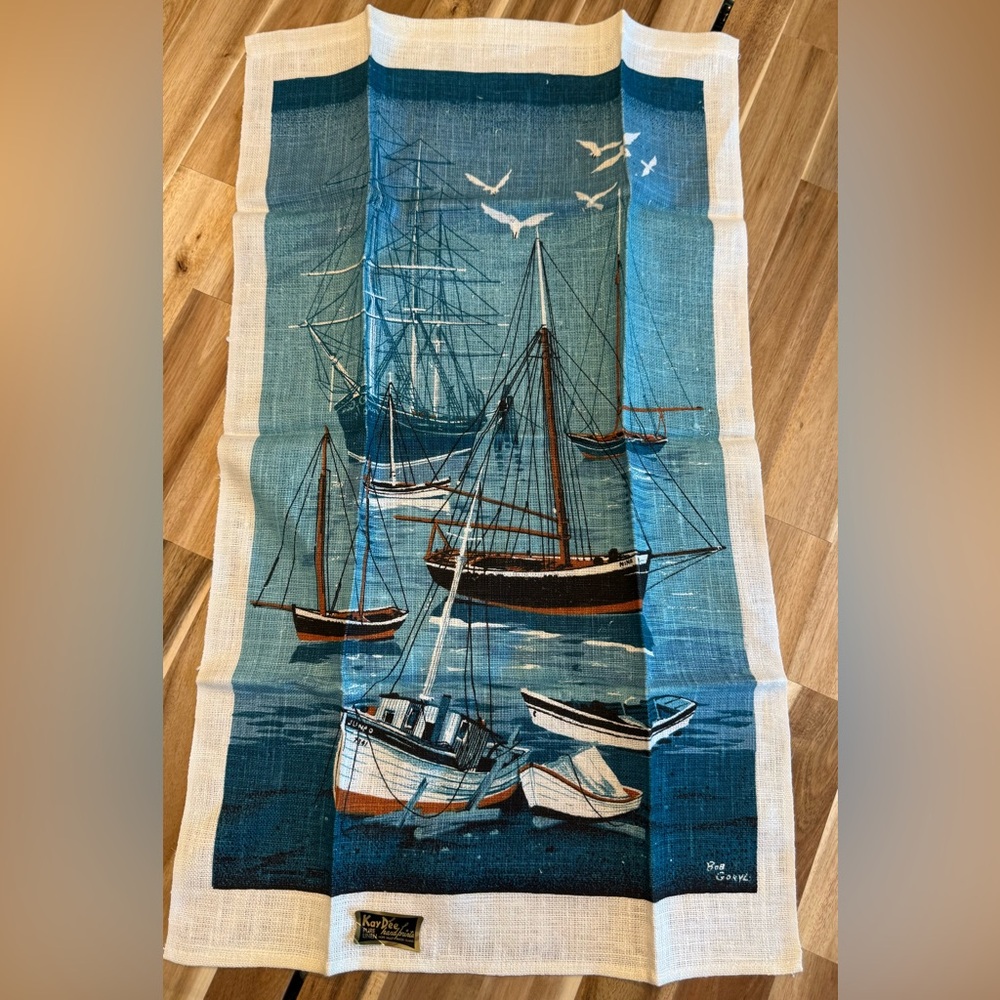 Vintage Bob Goryl Linen Tea Towel SAILBOATS SEAGULLS by Kay Dee W/ Foil Tag